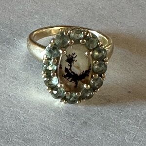 Custom designed and made 14k gold dendritic agate and green sapphire ring
